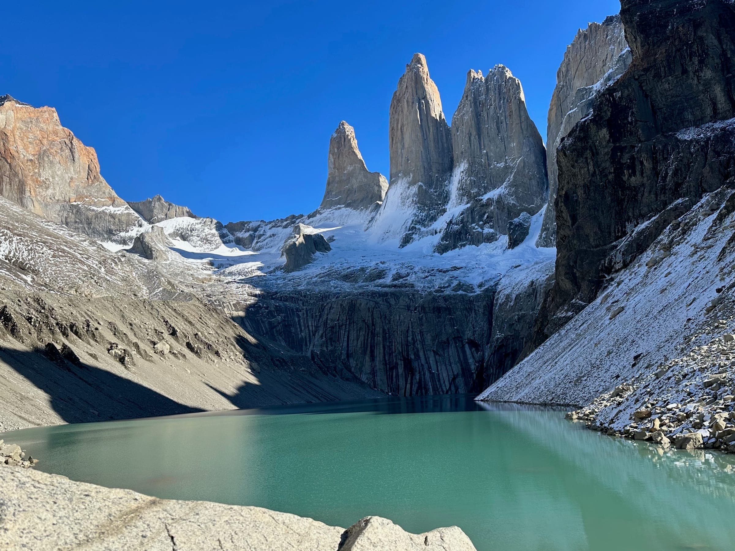 Torres del Paine towers reflected in glacial lake, Patagonia, Chile